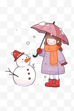 冬天拿伞女孩卡通手绘雪人元素
