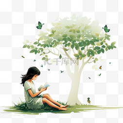 在树下看书的女孩图片_在树下的女孩