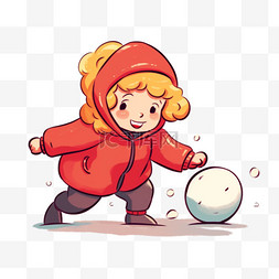 红色头发女孩图片_冬天可爱孩子滚雪球卡通元素手绘