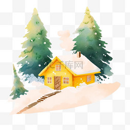 卡通冬天木屋树木雪天手绘元素