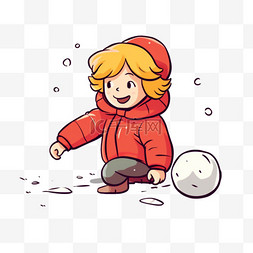 红色头发女孩图片_冬天可爱孩子手绘滚雪球卡通元素