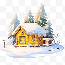 冬天木屋雪天树木卡通手绘元素