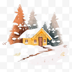 木屋树木雪天卡通冬天手绘元素