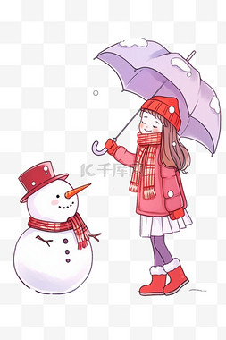 伞边图片_冬天拿伞女孩雪人卡通手绘元素