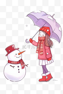 描边伞图片_冬天拿伞女孩雪人卡通手绘元素