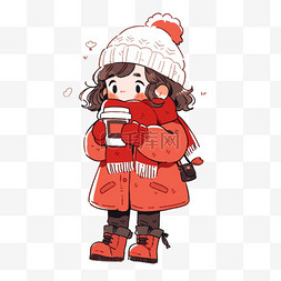 简笔画图片_可爱孩子冬天喝咖啡卡通手绘元素