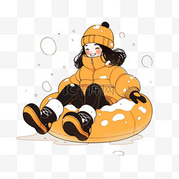 黄色棉服图片_可爱女孩雪圈滑雪卡通手绘元素冬