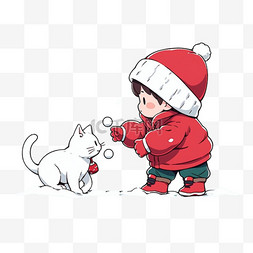 卡通冬天可爱孩子宠物玩雪手绘元