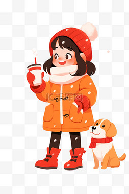 蹲着的小狗图片_冬天宠物可爱女孩咖啡卡通手绘元