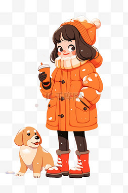 蹲着的小狗图片_可爱女孩冬天宠物咖啡卡通手绘元