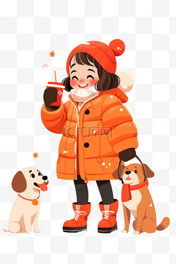 蹲着的小狗图片_冬天可爱女孩宠物咖啡手绘元素卡
