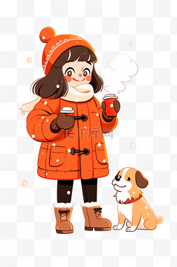 冬天手绘元素可爱女孩宠物咖啡卡