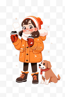 冬天手绘可爱女孩宠物咖啡卡通元
