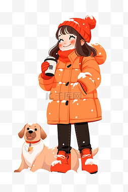 蹲着的小狗图片_冬天可爱女孩宠物手绘咖啡卡通元