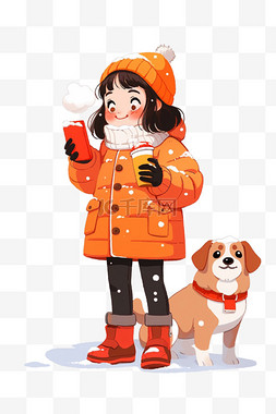 冬天可爱女孩宠物卡通咖啡手绘元