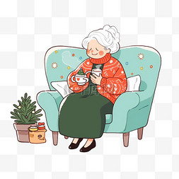 冬天慈祥奶奶喝咖啡卡通手绘元素