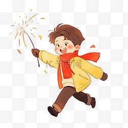 红色黄色烟花图片_新年可爱男孩烟花元素卡通手绘