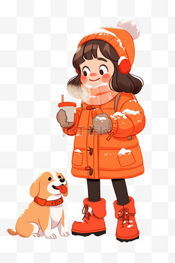 蹲着的小狗图片_可爱女孩宠物咖啡卡通冬天手绘元