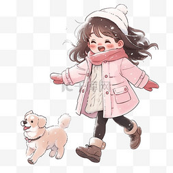 雪地玩耍冬天可爱女孩小狗卡通手
