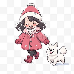 冬天可爱女孩雪地玩耍小狗卡通手