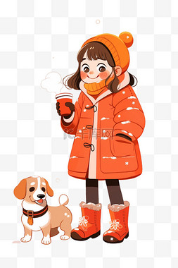 冬天可爱女孩卡通宠物咖啡手绘元