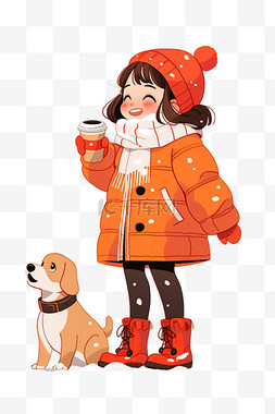 手绘冬天可爱女孩宠物咖啡卡通元