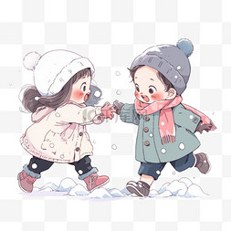 线性简约线性图片_冬天卡通手绘可爱孩子打雪仗元素