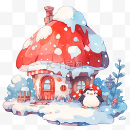 新年冬天蘑菇屋手绘企鹅卡通元素