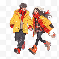 黄色格子背景图片_冬天情侣卡通雪天散步手绘元素