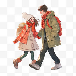 冬天情侣雪天散步手绘卡通元素