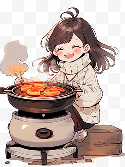冬天吃火锅可爱女孩卡通手绘元素