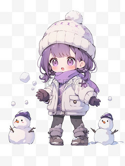冬天可爱女孩雪人卡通元素手绘