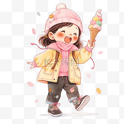 黄色棉服图片_冬天手绘可爱孩子拿冰淇淋卡通元