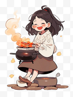 可爱女孩冬天吃火锅卡通手绘元素