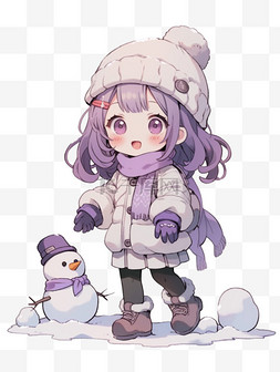 可爱冬天女孩雪人卡通手绘元素