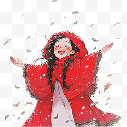 红色头发的女孩图片_可爱女孩跳舞卡通手绘元素冬天