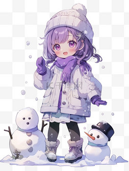 紫色毛线图片_冬天可爱女孩手绘雪人卡通元素