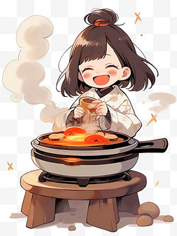 冬天炉子图片_卡通冬天可爱女孩吃火锅手绘元素