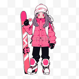 黑色卡通背景背景图片_手绘冬天滑雪女孩简笔画卡通