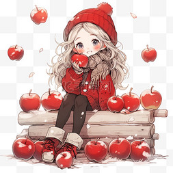 冬天卡通手绘可爱女孩苹果元素