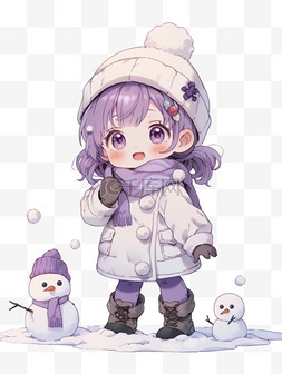 紫色毛线图片_可爱女孩冬天雪人卡通手绘元素