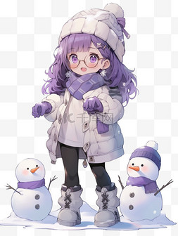 手绘冬天可爱女孩雪人卡通元素