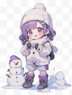 冬天雪人可爱女孩卡通手绘元素