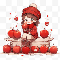红色苹果图片_冬天手绘元素可爱女孩苹果卡通