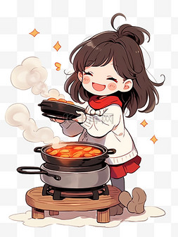冬天炉子图片_冬天可爱女孩吃火锅手绘元素卡通