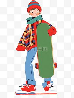 简约格子蓝色背景图片_简笔画可爱男孩拿着滑板卡通元素