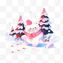 雪松树图片_冬天卡通手绘可爱小熊松树元素