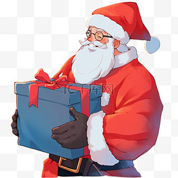 圣诞老人拿着蓝色礼盒卡通手绘圣