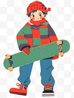 简约格子蓝色背景图片_手绘简笔画卡通可爱男孩拿着滑板