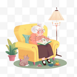 老人坐在沙发上图片_卡通坐沙发老人简笔画手绘元素